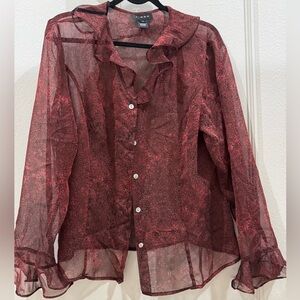 Virgo Womens 16 Sheer Burgundy Animal Print dark moody Blouse with Ruffles